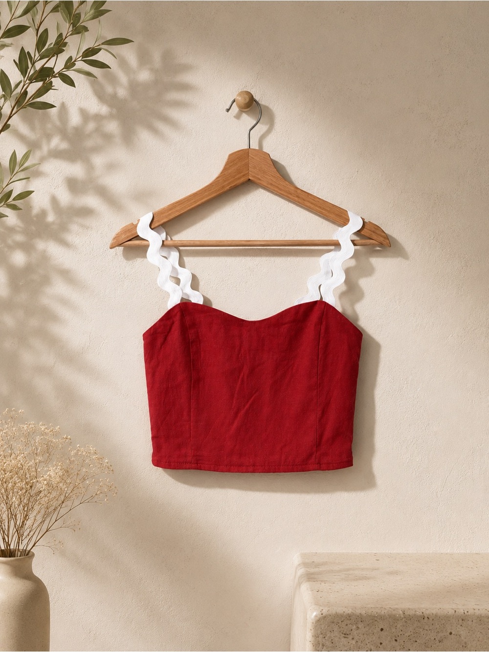 Red Scallop-Trim Crop Cami Top